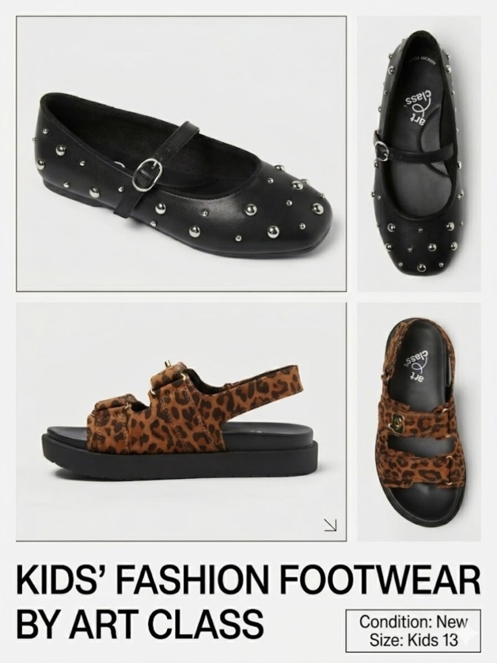 ✨ Art Class Kids Shoes Bundle Size 13 NWT Black Studded Flats & Leopard Sandals